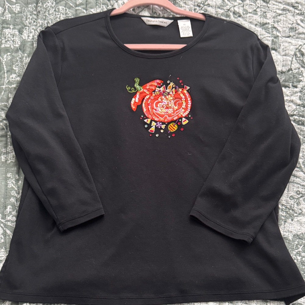 Drapers & Damon’s Black Top with Halloween Pumpkin Embroidery